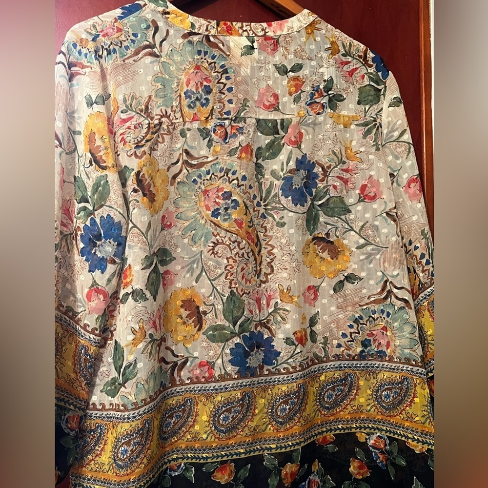 Fig & Flower Top Womens Large Yellow Beige Blue Floral Art Elegant Career Party - Picture 8 of 12